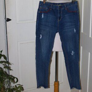 V Gold Distressed Holes Ribbon Trim Raw Edge Cropped Jeans Sz 16.5 (Women's 8/10